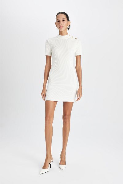DeFacto Fitted Half Turtleneck Basic Plain Button Rib White Mini Dress D3455Ax24Au