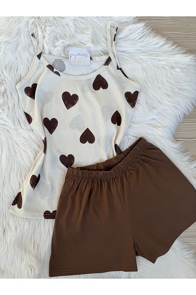 Pijamacs Brown Heart Patterned Cotton Rope Strap Shorts Pajama Set