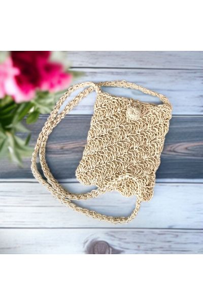 By G Tasarım Straw Color Kağıtip Knitted Phone Bag / Mini Bag