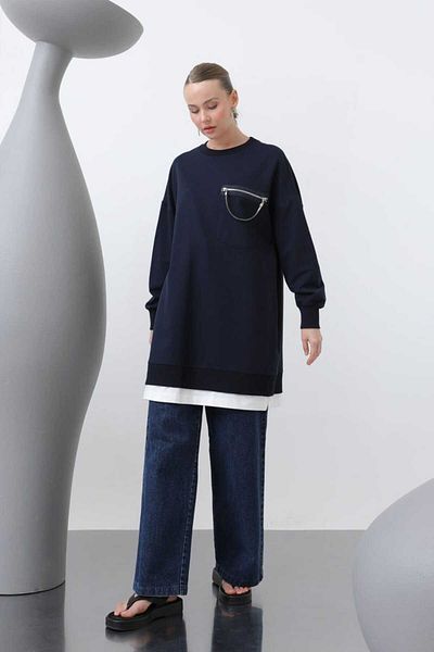 Puane Women's Two Thread Pocket Part Chain Detailed Dark Blue Tunic 10620