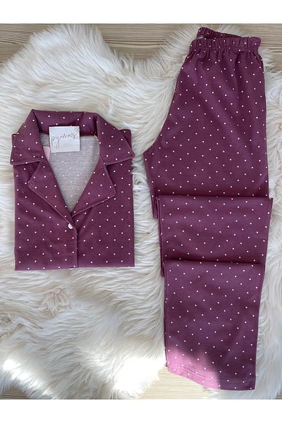 Pijamacs Plum Polka Dot Patterned Cotton Short Sleeve Shirt Collar Pajama Set