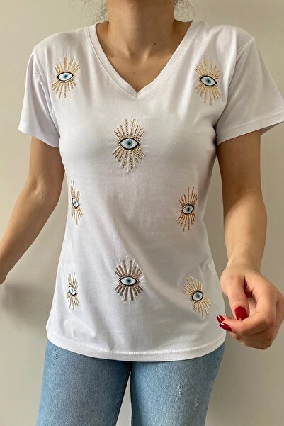 Cassime تي شيرت نسائي أبيض برقبة على شكل حرف V وترتر وتطريز S-m-l-xl-2xl-3xl