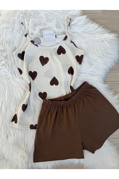 Pijamacs Brown Heart Patterned Cotton Rope Strap Shorts Pajama Set