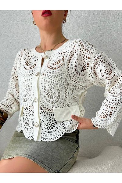 HandCo Women's White Knitted Summer Shirt Openwork Stylish Design