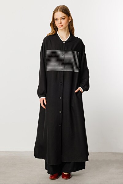 Micca Marin Çizgi ve Ribana Detaylı İpekçe Doku Spor Ferace Kap-Siyah