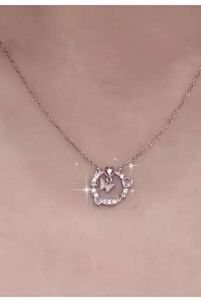 ÇEÇEN HOME Moda peri pembe kristal yay düğüm kolye kızlar tatlı taklidi kalp kadın takı