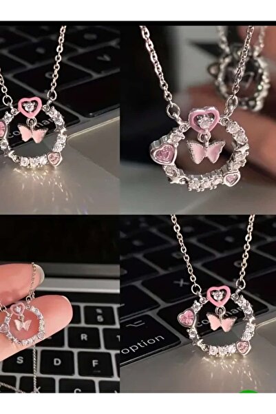 ÇEÇEN HOME Moda peri pembe kristal yay düğüm kolye kızlar tatlı taklidi kalp kadın takı