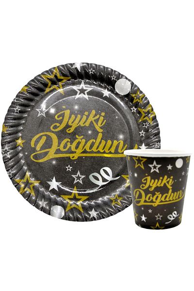 CUGY Black 8-Piece Plate and Cups Set with Happy Birthday Written