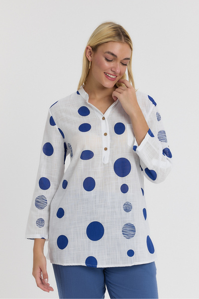 TCT TEKSTİL بلوزة منقوشة بأكمام طويلة - قميص نصف فتحة - سلوب - 1540