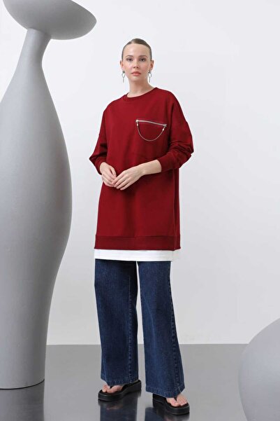 Puane Women's Two Thread Pocket Part Chain Detailed Burgundy Tunic 10620