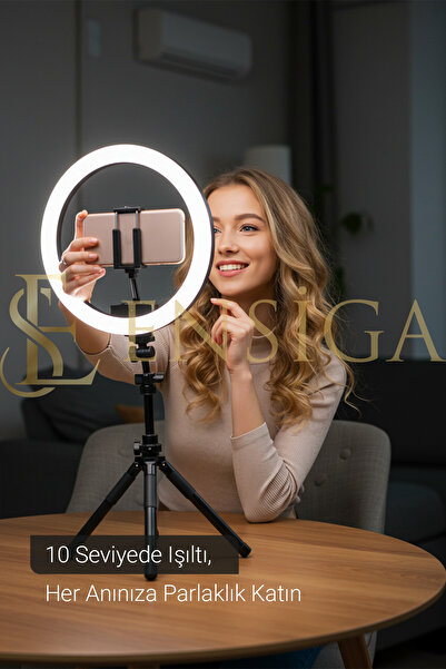 EN SİGA Kumandalı Youtuber Tiktok Çekim Işıklı Telefon Tutucu Makyaj Işığı Ring Light 10 Inç + 2.1 M Tripod