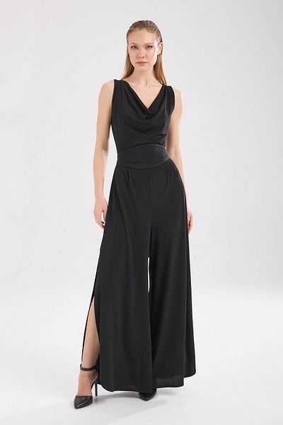By Yaren Yazıcı Black Degaje Collar Slit Detailed Self Fabric Jumpsuit with Belt