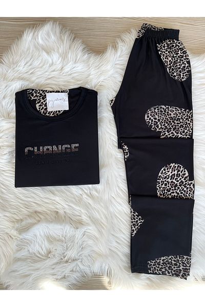 Pijamacs Set de pijamale tricotate cu mâneci scurte cu imprimeu leopard și inimă