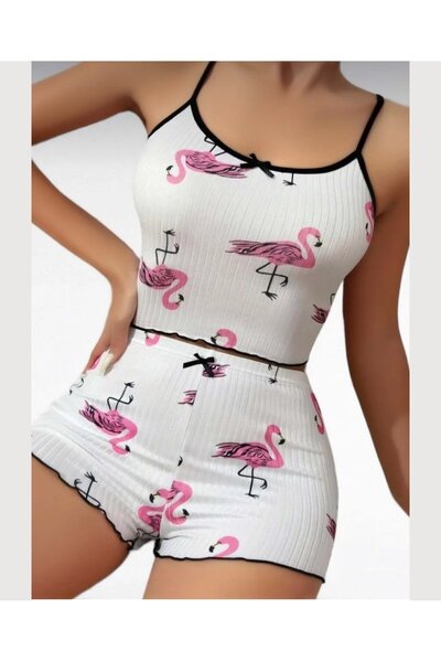 İntive Lingerie Lily Pink/White Flamingo Print 100% Cotton Thin Strap Bustier Shorts Set