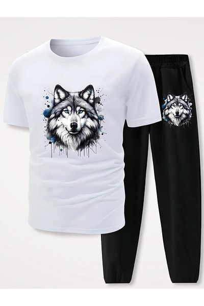 PENTHİLUS Men's and Juniors 2-Piece Set, Comfortable Wolf Print T-Shirt and Joggers, 95% Polyester