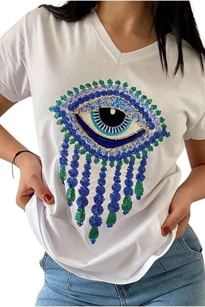 Cassime Tricou alb din bumbac brodat cu paiete cu ochi cu decolteu în V pentru femei S-m-l-xl-2xl-3xl