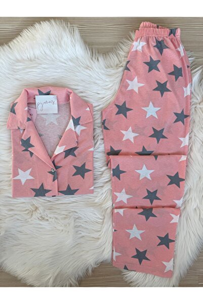 Pijamacs طقم بيجامة بياقة قميص وأكمام قصيرة من القطن منقوشة بنجمة وردية