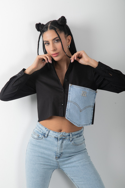 top girl Kot Detaylı Uzun Kol Kadın Siyah Crop Tasarım Gömlek