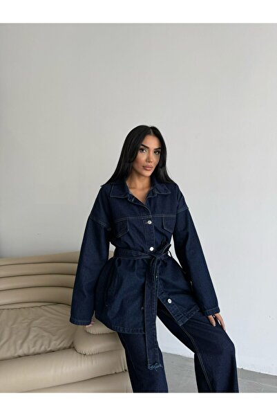 369 etnik butik Navy Blue Women's Denim Suit with Belted Pocket and Stitching Detail - Jacket + Wide Leg Trousers (2 Pieces)