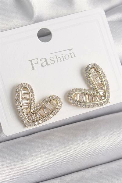 Clariss Brass Gold Color Zircon Stone Heart Model Women's Earrings