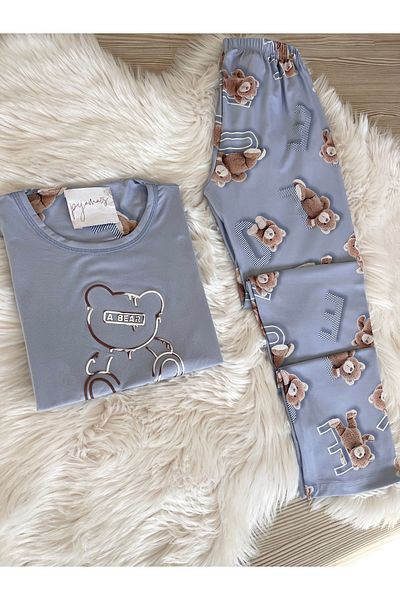 Pijamacs Set de pijamale tricotate cu mânecă scurtă cu model ursuleț albastru