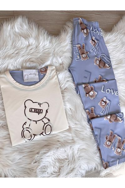 Pijamacs Ecru Teddy Bear Patterned Short Sleeve Knitted Pajama Set