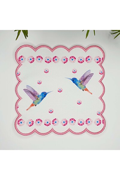 Genel Markalar Sulu Boya Arı Kuşları ve Pembe Çiçek Desenli Nakış Kenar Kumaş...