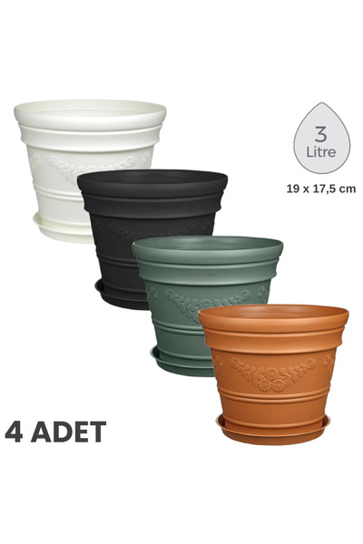 Melkan Home 4 Adet Papatya Desenli Yuvarlak Saksı Seti - Tabaklı Saksı Modern...