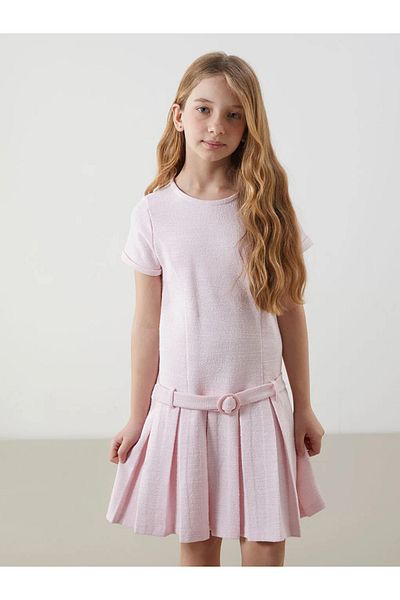 LC Waikiki Lcw Kids Pink Crew Neck Pleated Girl's Dress