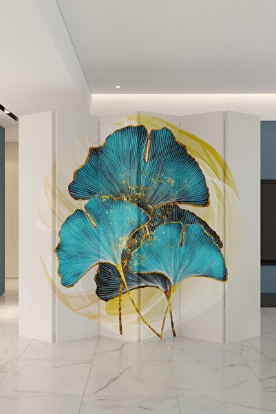 Fupe Shop Doğal Ahşap Turkuaz Çiçek Tek Taraf Baskılı 6 Kanat Paravan Seperat...