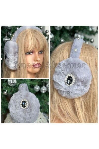 QUEEN AKSESUAR Gray Feather Headphones, Foldable Luxe Design Metal Brooch