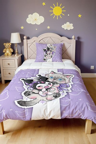 EVPANYA Cute Cat and Kuromi Patterned Single Quilt and Pillowcase