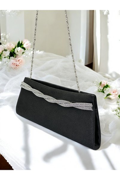 Biçanta Black Color Satin Silver Color Stone Women's Evening Dress Bag Wedding Engagement Graduation