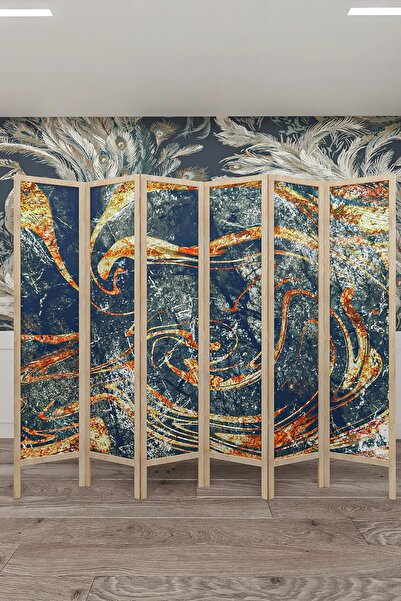 Fupe Shop Doğal Ahşap Soyut Tek Taraf Baskılı 6 Kanat Paravan Seperatör Oda B...