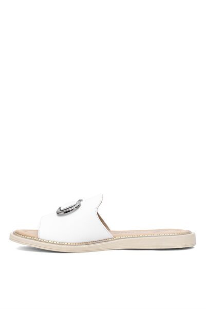 Venüs Women's Genuine Leather Flat Slippers - White