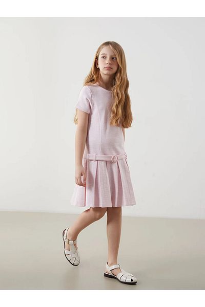 LC Waikiki Lcw Kids Pink Crew Neck Pleated Girl's Dress