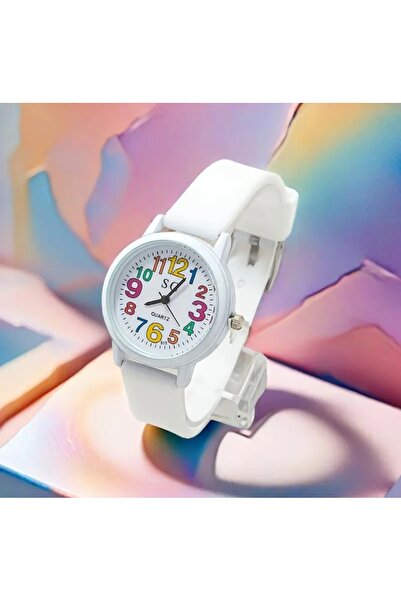 BBS ساعة يد كوارتز أنيقة باللون الأبيض للجنسين مع قرص أرقام ملون