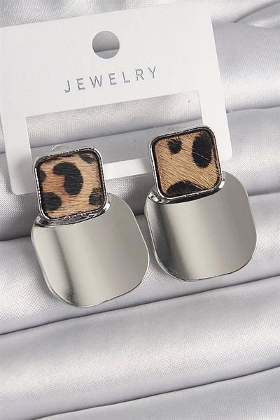 Store Brass Silver Color Square Plate Leopard Print Women's Earrings