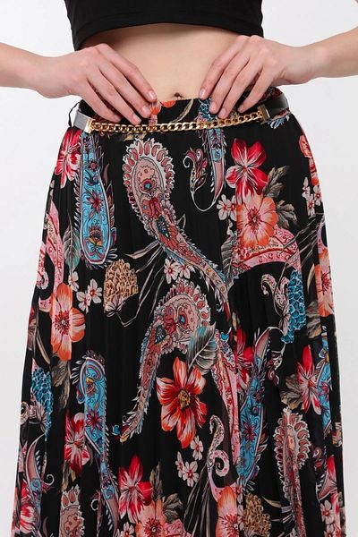 Modabenna Patterned Lined Pleated Chiffon Skirt with Elastic Waist Pleated