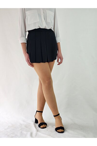 MRV DESIGN Kemerli Standart Bel Siyah Dokuma Pileli Şort Etek