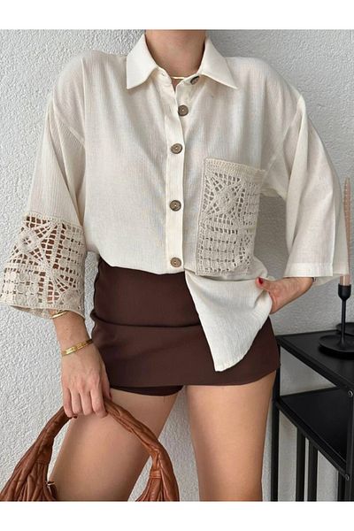 HandCo Embroidery Detailed Stone Color Summer Oversize Shirt Acrylic Pocket Detailed Special Design