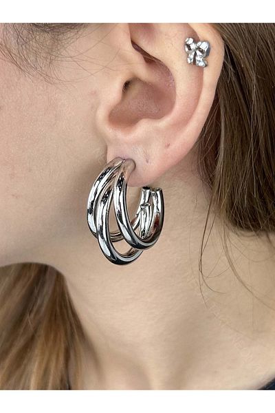 Neon Takı by Atalay Receptivity Tag and Multiple View 3 Stainless Steel Earrings 586, Silver Color