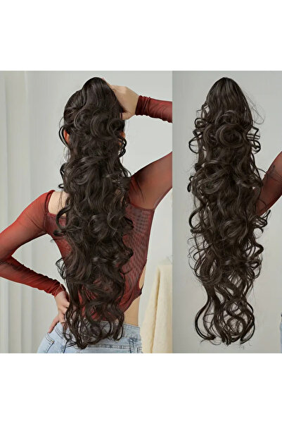 AKOLİFE Koyu Kahve Ekstra Uzun Tokalı Dalgalı At Kuyruğu Postiş Takma Saç - G...
