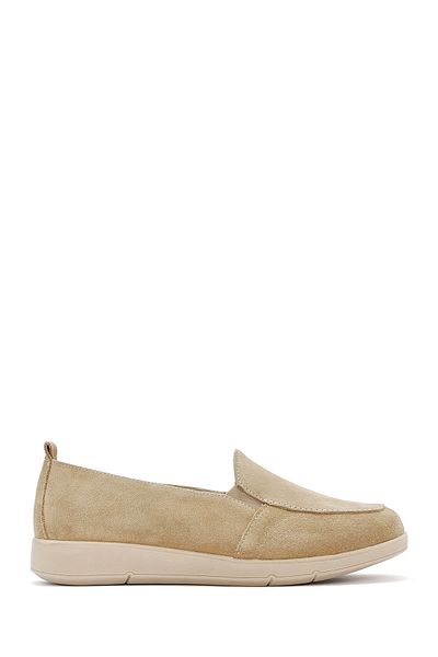 Derimod Women's Beige Suede Leather Comfort Loafer 25Sfd 410010