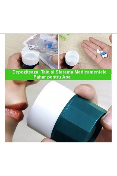 Flippy Flippy Multifunctional Pill Box, 4in1, Water Glass, Cutting, Crushing, Compact, ABS, White/Green