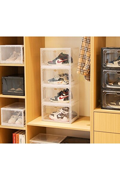 easybox Flippy Shoe Organizer PP+ABS, Magnetic Side Door, Dust-resistant, 36x28x21 cm, Grey Transparent