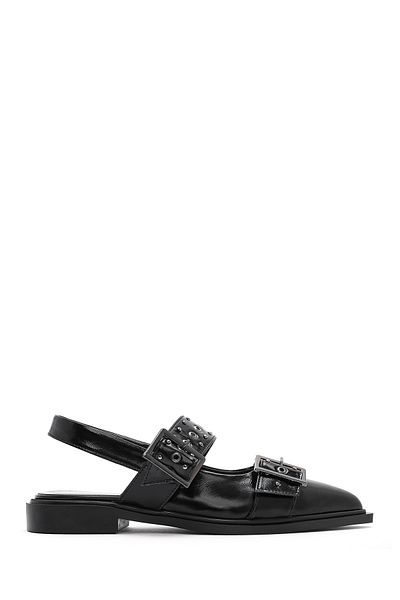 Derimod Women's Black Open Back Buckle Patent Leather Ballerinas 25Sfd 140816