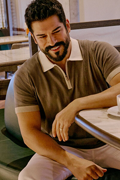 ALTINYILDIZ CLASSICS 100% Cotton Standard Fit Regular Cut Polo Neck Knitwear Khaki Knitwear T-Shirt