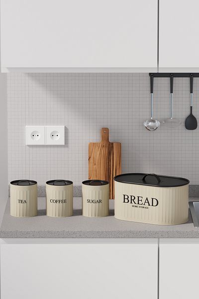 hemlife 4-Piece Bread Set Metal Cover Tea Coffee Sugar Countertop Cabinet Set Cream/Black