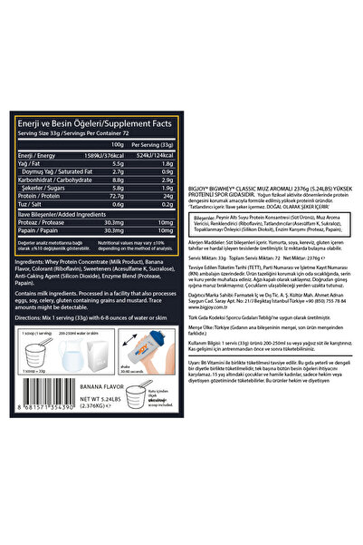 Bigjoy Sports Big Whey Classic Whey Protein Muz Aroma 2376gr 72 Servis Protein Tozu